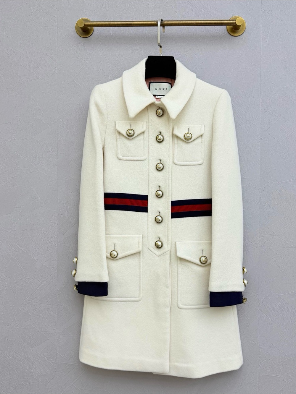 🚩steal Gucci Cream Wool Pea Coat with Navy and Red Web Stripe